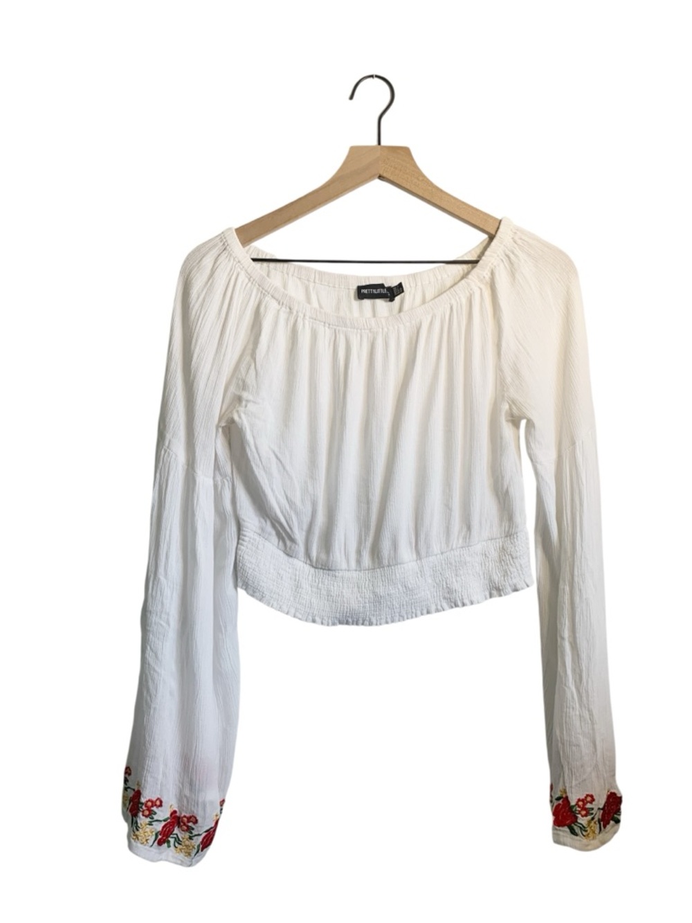 PrettyLittleThing White Cropped Peasant Top with Floral Sleeve Embroidery M